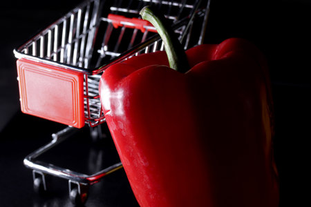 shopping cart and bell pepperの写真素材