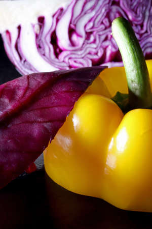 organic and fresh bell peppers and red cabbageの写真素材