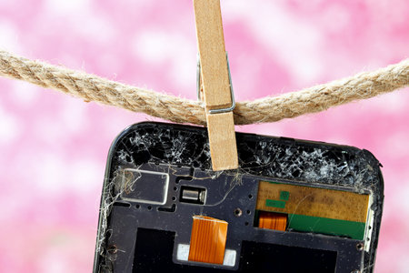 old broken mobile phone hanging on clothesline