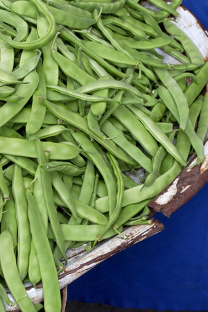 close-up organic green beans in a market