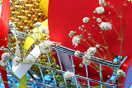 Christmas decoration on shopping cartの写真素材