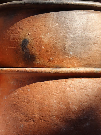 close-up handmade clay pots backgroundの写真素材