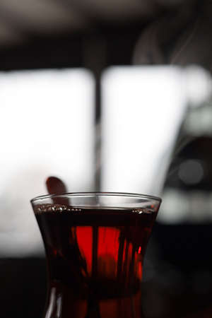 a glass of Turkish tea on tableの写真素材
