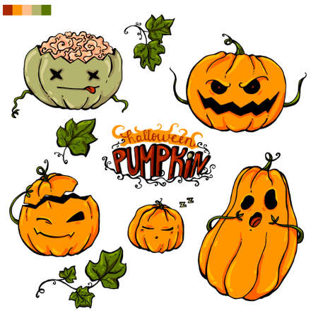 Set of colorful juicy vector pumpkins for Halloween on a white background.のイラスト素材