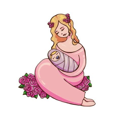 A delicate vector illustration of attractive young blonde woman embracing her black newborn sleeping babyのイラスト素材