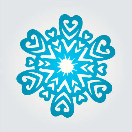 Fantasy cute blue snowflake with elements of hearts in the structure on a light gray background.のイラスト素材