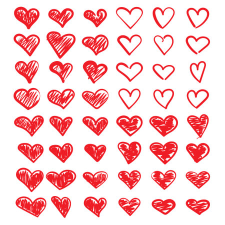 Vector illustration of red doodle hearts. a set of hand-drawn hearts. doodle hearts for valentines day.のイラスト素材