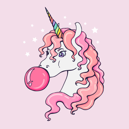 A cute hand-drawn white unicorn with a pink mane and rainbow horn inflates a bubble of pink gum. Vector illustrationのイラスト素材