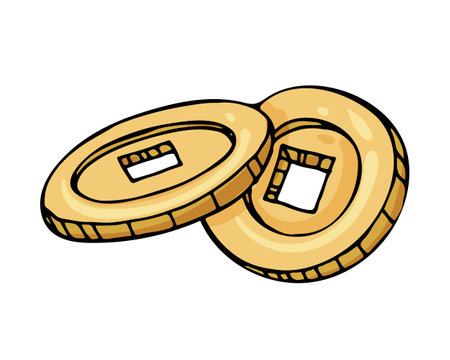 Two Chinese gold coins with a square hole. Vector illustration. A talisman for good luck, wealth and prosperityのイラスト素材