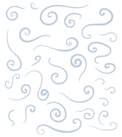 Vector set of stylized snow swirls and wind blows. Light blue cool smooth lines for decoration.のイラスト素材
