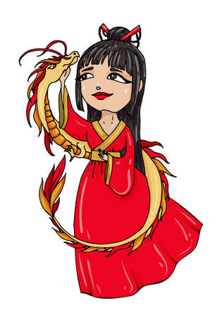 A cartoonyoung black-haired Chinese woman in red traditional costume with a golden Asian dragon. Vector illustration.のイラスト素材