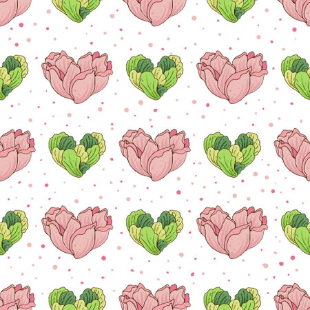 Seamless pattern with flowers and greens in the shape of hearts on a white background. Vector illustration.のイラスト素材