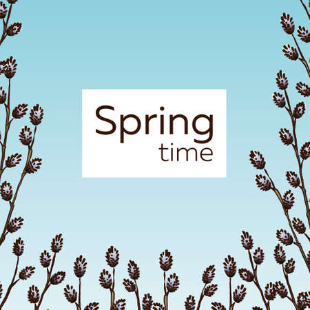 Spring optimistic bright vector template with young willow branches on a blue sky background with space for textのイラスト素材