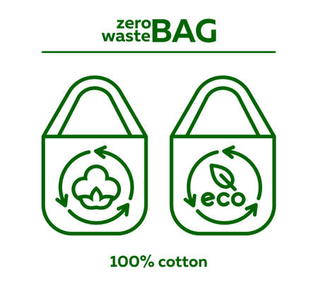 Zero waste bags. Vector icons of cotton textile bag icons. Green bag with cotton and eco-leaf line icon. Eco-friendly.のイラスト素材