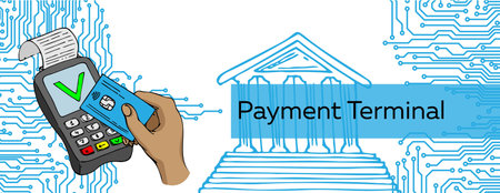 Horizontal web banner for business. POS terminal with inserted credit card and printed reciept.