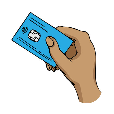 Human hand holds a plastic card to pay for a product or service. Vector illustration isolated on a white background.のイラスト素材