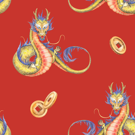 Watercolor Chinese dragon seamless pattern with gold coins. Hand drawn illustration on dark red background for Chinese new year design, textile, wrapping paper. Asian festivals and cultural decoration with using Dragon with Fiery blue Tail and red stomach and scattering of gold coins with hole. Lunar holiday decor. Fortune symbol for luck, rich and prosperous. Oriental surface design for prints, wallpaper, greeting, invitation card, postcards, stickers, banners, printable product, souvenir, social media, business, Adの写真素材