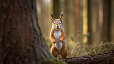 Squirrel in the forest. Red squirrel in the autumn forest.の素材