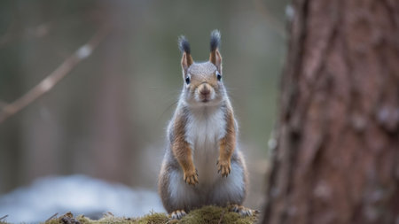 squirrel in winter forest with snow on the ground and looking at cameraの素材