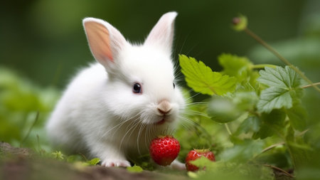 Cute white rabbit eating strawberries in the garden on a sunny dayの素材