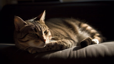 Tabby cat sleeping on a sofa in the light of the setting sunの素材
