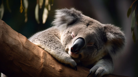 Koala bear sleeping on a branch of eucalyptus treeの素材