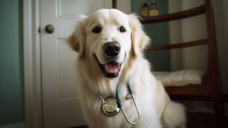 Golden Retriever with stethoscope on his neck at homeの素材