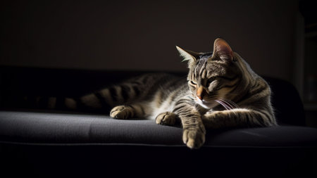 Beautiful tabby cat resting on a sofa in the dark.の素材