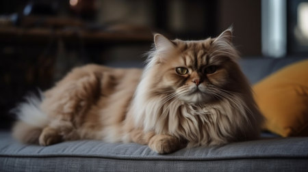 Persian cat lying on sofa at home, shallow depth of fieldの素材