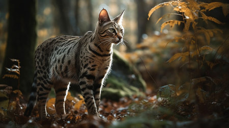 Bengal cat in the autumn forest. Wildlife scene from nature.の素材