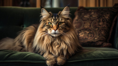 Beautiful long-haired Maine Coon cat lying on sofa at homeの素材