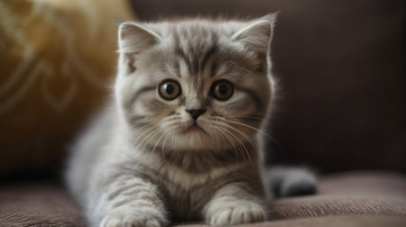 Cute scottish fold kitten lying on sofa and looking at cameraの素材