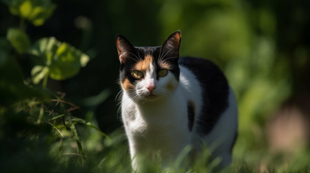 Tricolor cat with green eyes in the garden in spring.の素材