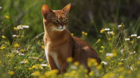 Beautiful Abyssinian cat sitting on the meadow with yellow flowersの素材