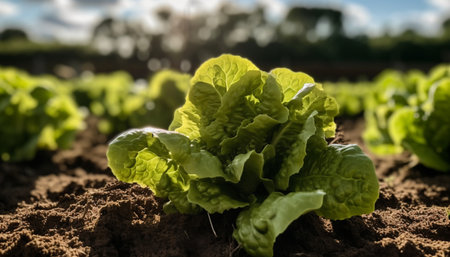 Lettuce growing in a vegetable garden in the morning light.の素材