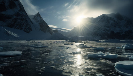 Beautiful winter landscape with icebergs, lake and mountains at sunsetの素材