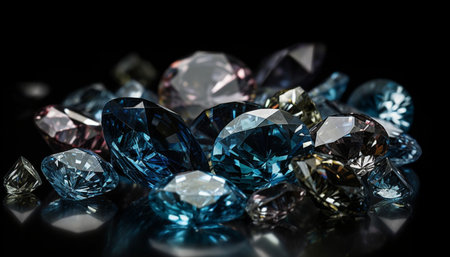 Beautiful blue diamonds on a black background close-up macro photoの素材