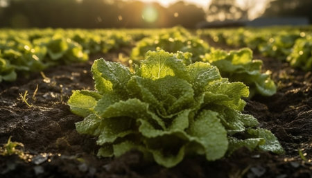 Green lettuce growing in the field at sunset. Close-up.の素材