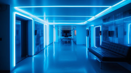 Interior of a modern corridor with blue neon lights. 3D renderingの素材