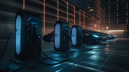Charging station for electric cars in the city at night. long exposure.の素材
