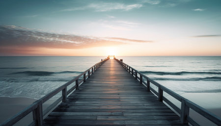 Wooden pier on the beach at sunset, Baltic Sea, Polandの素材