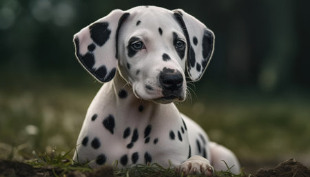 Adorable dalmatian puppy sitting in the green grass.の素材