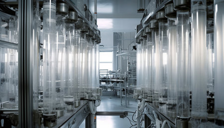 Automatic filling machine pours water into plastic PET bottles. Brewing productionの素材