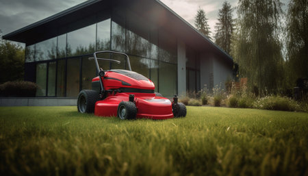 Red lawn mower on green grass in front of a modern houseの素材