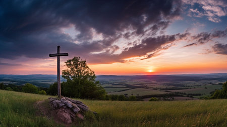 Beautiful sunset over the cross on top of a mountain in Polandの素材