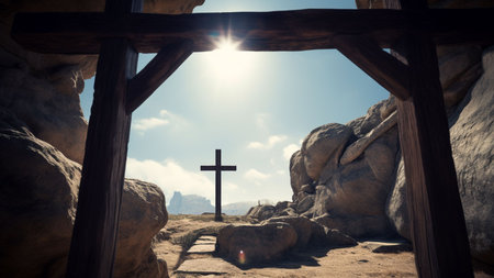Cross in the rock with sunlight in the background. 3d renderingの素材