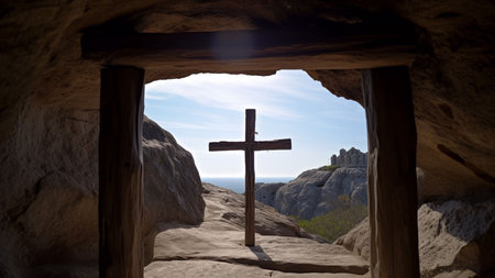 Wooden cross in the entrance to the cave in the mountains.の素材