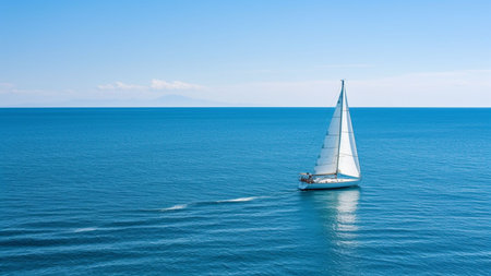 Yacht sailing in the sea. View from above. Panorama.の素材