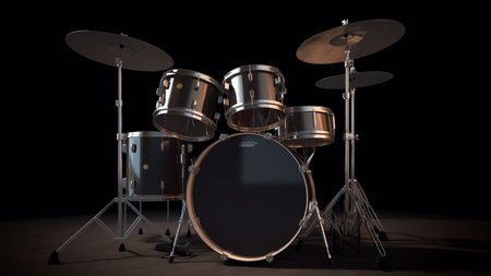 Drum set on a black background. 3d render image.の素材