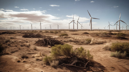 Wind turbines in the desert, Zaragoza Province, Aragon, Spain.の素材